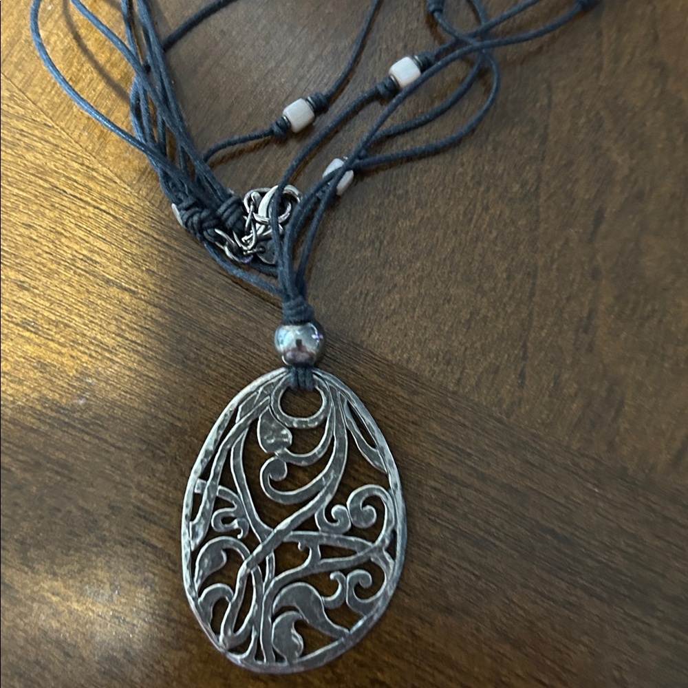 Silpada Silver Filigree Oval Pendant with Navy Cord